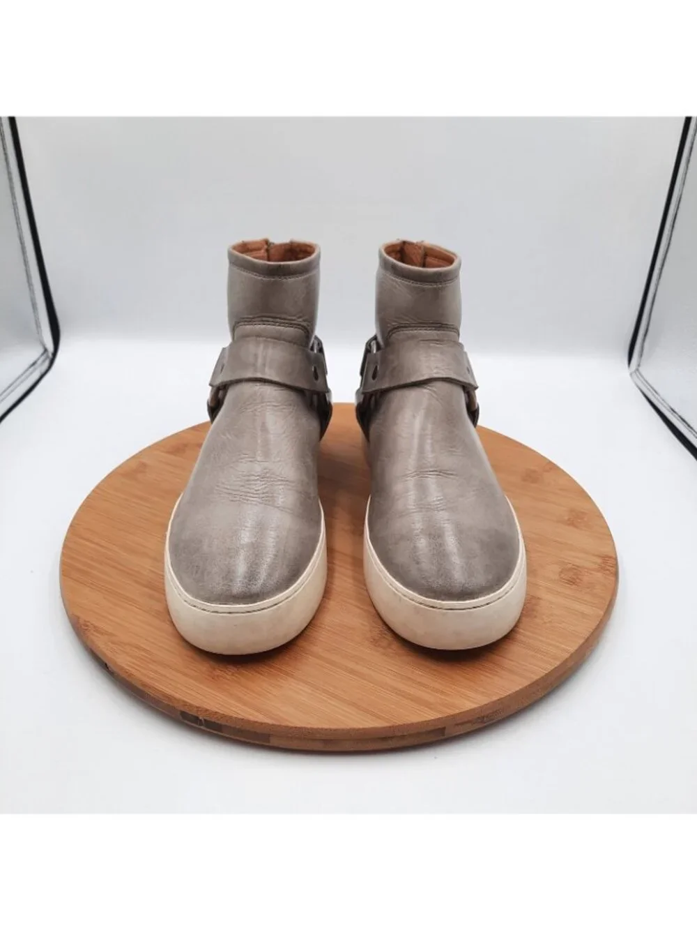 Frye Lena Harness Womens Size 6.5 Boots Gray Leather Back Zip Ankle Booties